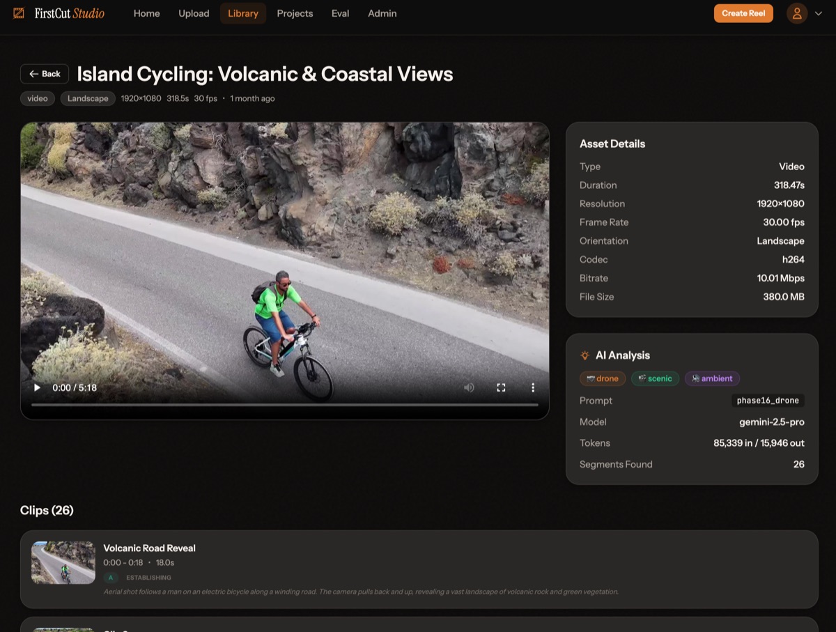 FirstCut Studio AI analysis panel showing drone footage segmented into 26 clips with quality grades, scene detection, and metadata including resolution, frame rate, and file size