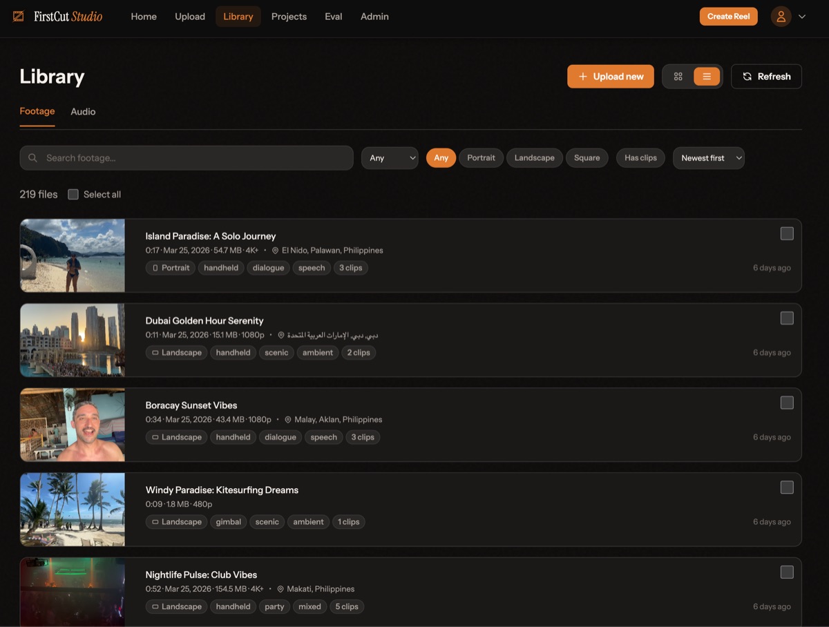 FirstCut Studio library view showing 219 organized video files with AI-generated titles, tags, and quality ratings from travel footage across multiple devices