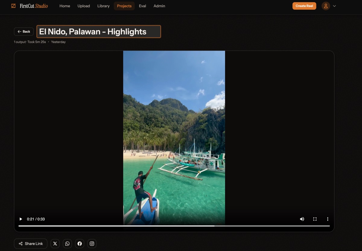 Finished highlight reel of El Nido, Palawan created by FirstCut Studio showing a polished travel video ready to share